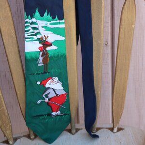 1990s Hallmark Yule Tie Greetings Golfing Santa Reindeer Caddy Christmas Necktie